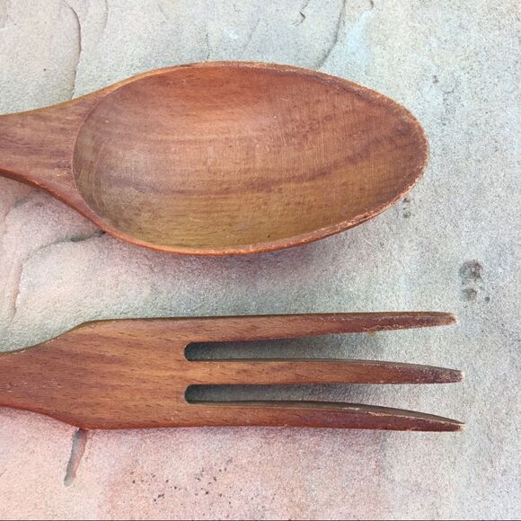 Vintage Hardwood Spoon Fork Salad Serving Decorative Utensil Set - Picture 8 of 13